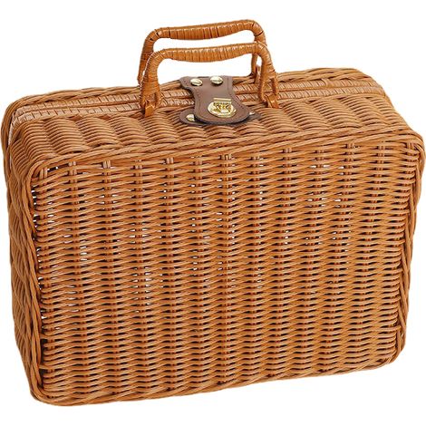 Boîte de rangement tressée en plastique rotin sans odeur, style rétro avec poignée anneau pour extérieur, couleur bois (1/5)