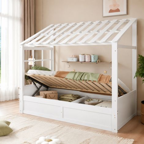Kinderbett Hausbett 90 x 200 cm mit Dach, Fenster und hydraulischem Stauraum, weiß OKMYHOME (1/5)