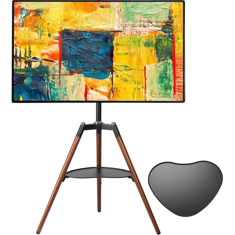 Support TV Trépied Bois 32-65" jusqu'à 40kg, Pied TV Design Scandinave Pivotant ±70° Hauteur Réglable, Support TV Chevalet Bois Marron avec Étagère Cœur, sans Percer (1/5)