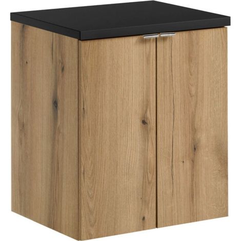 Set da bagno sospeso VANO finitura rovere e nero 50cm: mobile sotto lavabo con armadietti + piano per lavabo