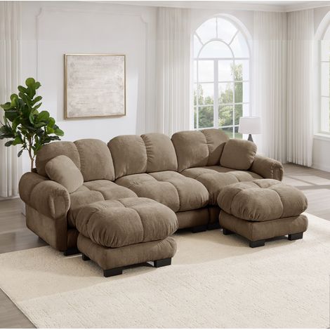 Canapé modulaire en U marron en chenille avec ottomane mobile et coussins décoratifs (1/5)