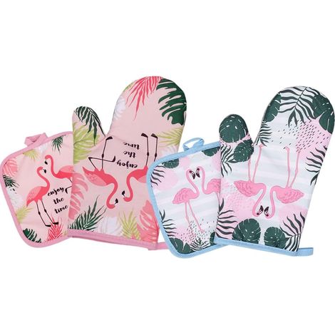 Maniques Cuisine en Coton Isolant Thermique et Polyester Protection la Chaleur Brûlures Lot de 2 Sets de Sets Design Flamant Stylé pour Cuisson et Barbecue (1/5)