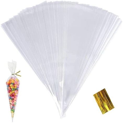 100 pièces  25x13cm Sachets Transparents Bonbons Sacs Cellophane Cône Friandises Pochette avec Ruban d'or pour Noël Partie Fête Mariage Petit Cadeau (1/5)