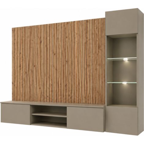 Ensemble meuble TV mural Xari L avec vitrine et éclairage LED - Bois MDF gris argile et chêne artisan - 200 x 148 x 35 cm - Livraison gratuite (1/3)