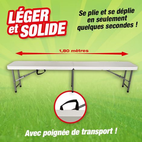Banc pliant blanc 1M83 - plateau résine haute densité, structure acier.