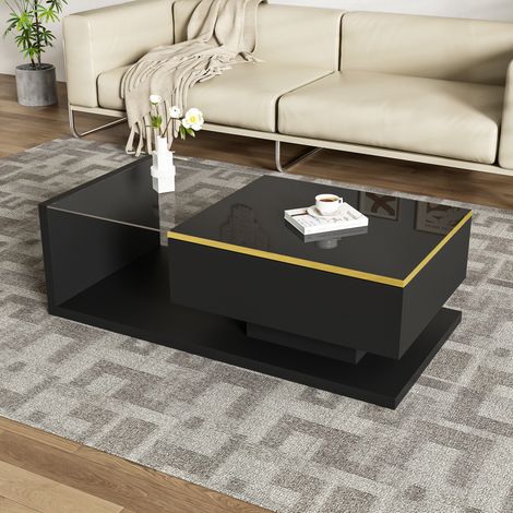 Table basse 100 cm, noir laqué brillant, avec verre et effet LED, table d'appoint lumineuse design (1/5)
