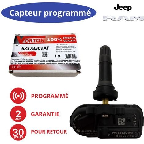 Sensore TPMS programmato 433MHz per RAM 1500/2500/3500 (2014-2024) e Jeep Cherokee (2014-2023) - rif 68378369AE