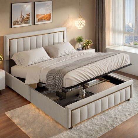 Lit rembourré, lit adulte 140 x 200 cm, lit double avec rangement, lit gonflable, cadre de lit jeune avec sommier à lattes, convient aux adolescents et aux adultes, velours, beige (1/5)
