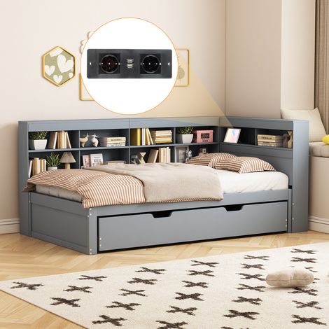 Modernluxe – Lit gigogne 90x200cm en bois avec prise USB – 10 compartiments de rangement – Matériau pin massif – Épaisseur matelas 8-12cm (1/5)