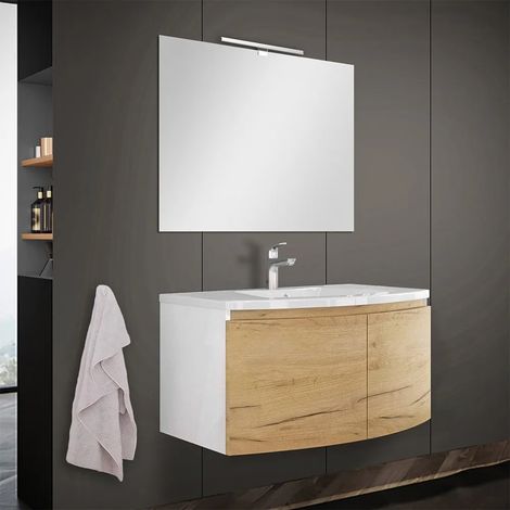 Mobile bagno sospeso curvo 80 cm rovere oro con lavabo e specchio (1/5)