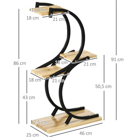 Étagère à plantes,escalier de fleurs en forme de S,4 niveaux avec cadre métallique et bois massif noir 46x25x91cm pour jardin et balcon