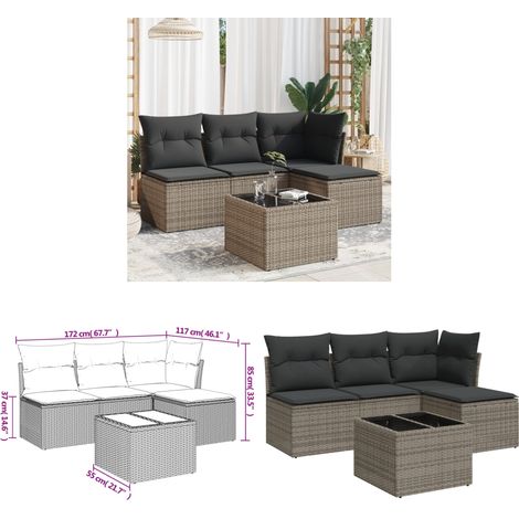 5-tlg. Garten-Sofagarnitur mit Kissen Grau Poly Rattan - Gartenmöbel Set - PE-Rattan Möbel - Outdoor Sofa - Esstisch - Lounge Garnitur - Home & Living