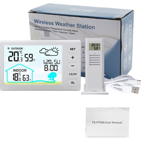 Station Météo Sans Fil Intérieur Extérieur Écran LCD 4.3 Pouces Prévisions Thermomètre Hygromètre Alarme Rétroéclairage Ajustable Blanc (1/5)