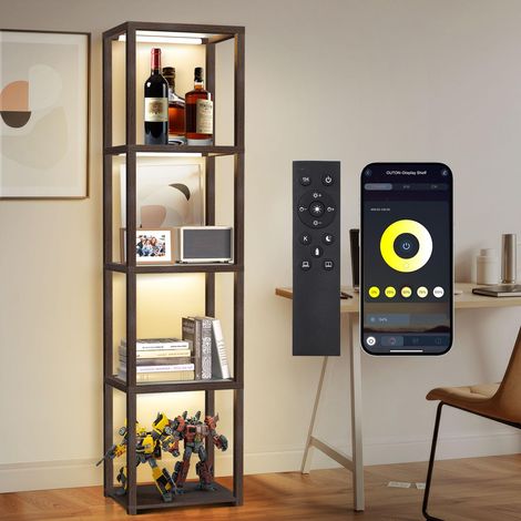 170 cm Vitrine en Verre, Éclairage, Étagère Ouverte, Noyer Lampadaire LED à Intensité Réglable, Télécommande et Application, Objets de Collection, Salon, Chambre (1/5)