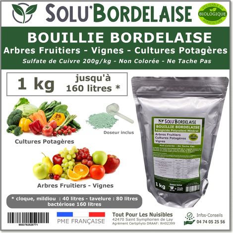 Bouillie Bordelaise Non Colorée Arbres Fruitiers, Cultures Potagères, Vignes, SOLU'BORDELAISE - Sachet de 1kg (1/4)