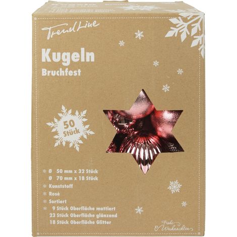 TrendLine Deko Set aus 50 Christbaumkugeln zum hängen 32 Stück 5 cm, 18 Stück 7 cm rosa Hängedekoration