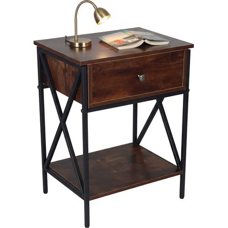 Relaxdays Nachttisch, mit Schublade & Ablage, HxBxT: 55x40x30 cm, Industrial, Holzoptik, Metall, dunkelbraun/schwarz