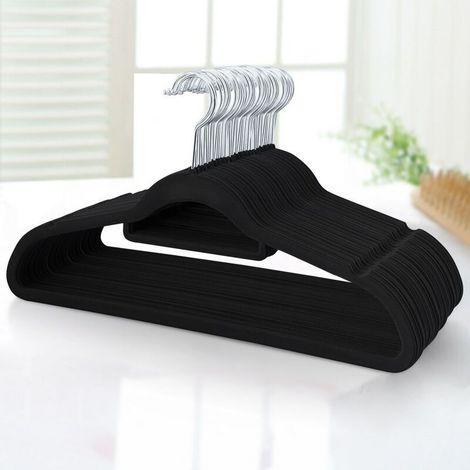 Lot de 100 Cintres en Velours Antidérapants Crochet Pivontant Peu Encombrants pour Costumes Chemises Robes Cravates Pantalon Noir, Lot de 100 avec Barre (1/5)