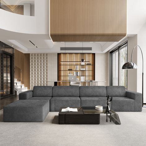 Canapé d'angle 4 Places Modulaire en Velours côtelé avec 1 pouf,Canapé Compressé,Sans Assemblage,404x202x82cm,Gris