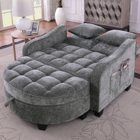 MODFU – Divano letto 2-in-1 in legno di eucalipto con pouf contenitore, conversione rapida e tessuto traspirante – Grigio scuro (1/5)