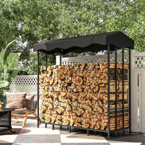 Leñero exterior con cubierta, cobertizo de metal reforzado para leña con capacidad para 2000 kg, 185x90x185 cm, negro. (1/5)