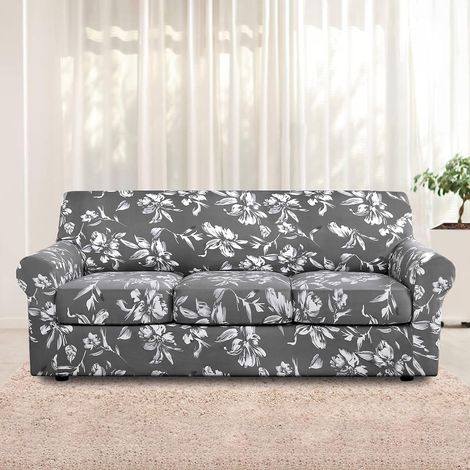 Washable printed stretch sofa cover in spandex for 1/2/3 seater sofas with anti-slip strap for living room, bedroom (grey, 3 seater) (1/5)