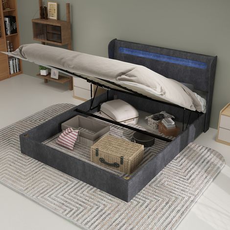 Letto Matrimoniale Imbottito 140x200 cm, con Testiera LED Integrata e Contenitore a Gas, Metallo, Grigio (Senza Materasso)