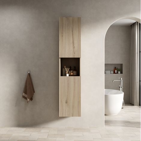 Meuble de salle de bain suspendu en contreplaqué chêne blanc 160 cm avec 2 portes et niche ouverte (1/5)
