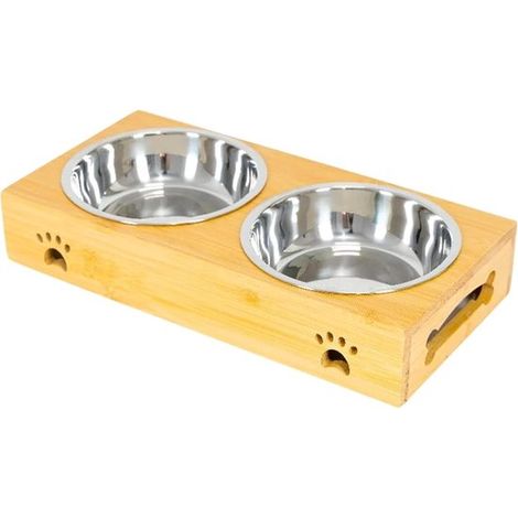 Lettiera per cani, lettiera per gatti, doppia ciotola rimovibile in acciaio inox, base antiscivolo in bambù (acciaio inox, doppia) (1/4)