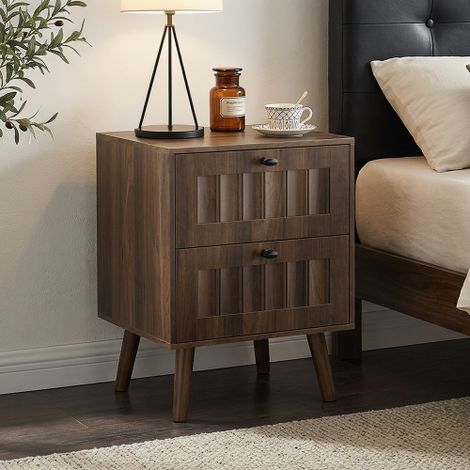 Table de chevet au design moderne du milieu du siècle (Mid-Century), avec deux tiroirs et des pieds en bois massif  peut servir de table de chevet ou de bout de canapé  dimensions : 43,5 x 40 x 57,5 ​ (1/5)