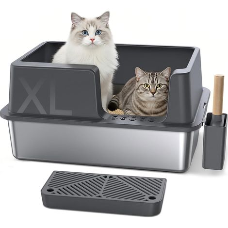 1 Bac à litière, Acier inoxydable, Grande capacité 37L, Bords hauts 31cm, Entrée latérale, Pour grands chats (1/5)
