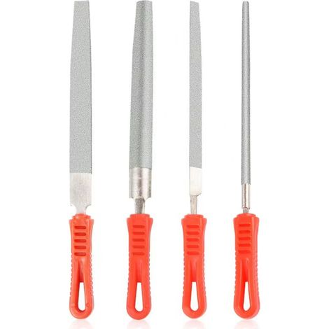 Lot de 4 limes diamantées de 15 cm avec manche en plastique, outil manuel pour affûter le verre, la pierre, le marbre, la roche, l'os, formes semi-rondes/plates/rondes/triangulaires, grain 120 (1/4)