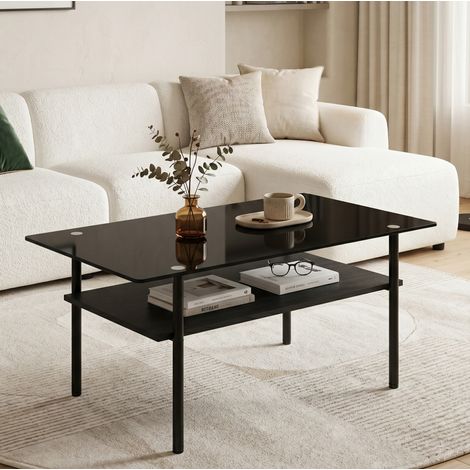 Mesa de centro negra con tablero de vidrio y estante de MDF, estructura metálica (1/5)