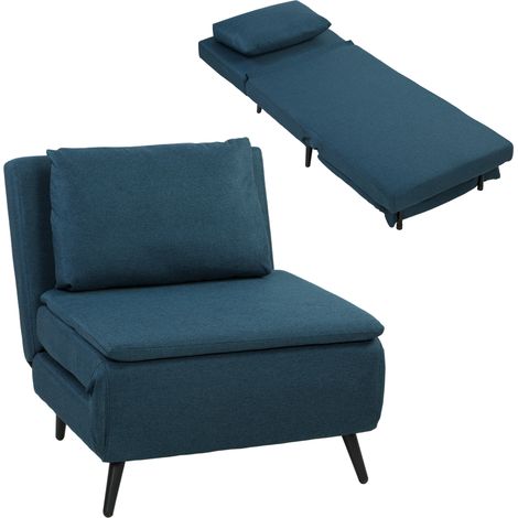 Fauteuil convertible 1 place - HOMCOM - clic-clac 3 en 1 - dossier réglable, oreiller, assise large - lin - 75x88x78cm - bleu