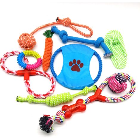 Packung mit 10 Stück Hundespielzeug, Zugschnur, Ball, Knoten, Karotte, Frisbee, Flip-Seil, TPR-Schnalle, waschbares Kauspielzeug für Hunde (1/5)