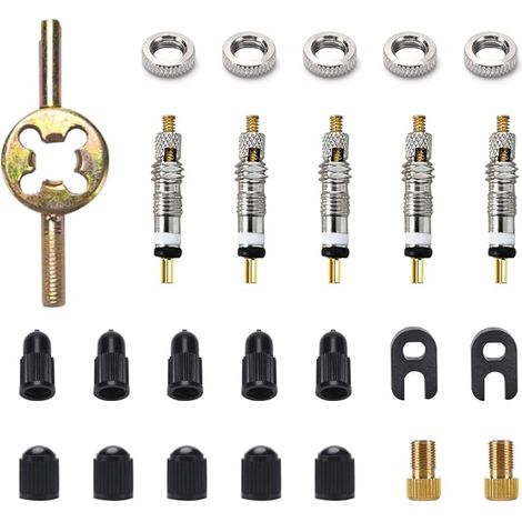 Kit de Remplacement de Valve Sclaverand 25 Pièces - Adaptateur Presta, Outils Pneus Vélo, 5 Valves, 2 Adaptateurs Schrader, Bouchons, 2 Clés, 5 Écrous (1/5)