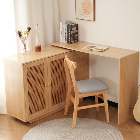 Fortuna Lai – Coiffeuse enfant en bois naturel avec 2 portes et 3 tiroirs – Dimensions 126x40x75cm – Bureau pivotant avec design rotin (1/5)