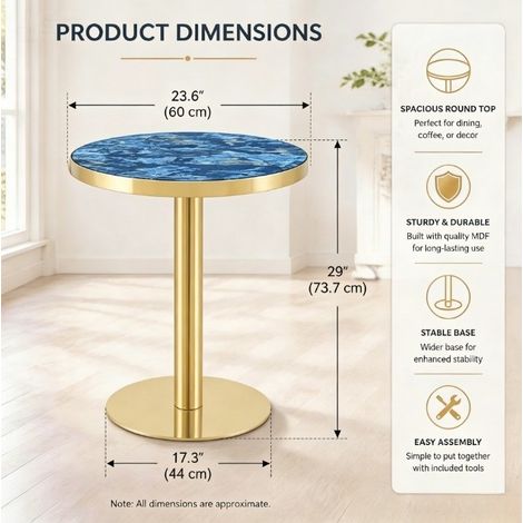 Tavolino rotondo 60 cm blu in MDF e metallo con bordo dorato, stabile e facile da montare (1/5)