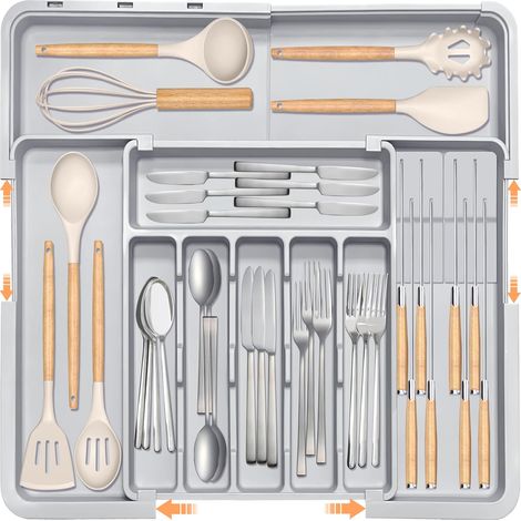 Range-Couverts Extensible pour Tiroir de Cuisine, 9 Compartiments avec 2 Porte-Couteaux Amovibles, Organiseur Réglable Sans BPA, Gris (1/5)