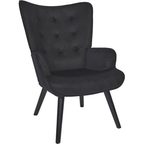 HAMZA - Fauteuil Tissu velours côtelé noir et piétement hévéa laqué noir (1/5)