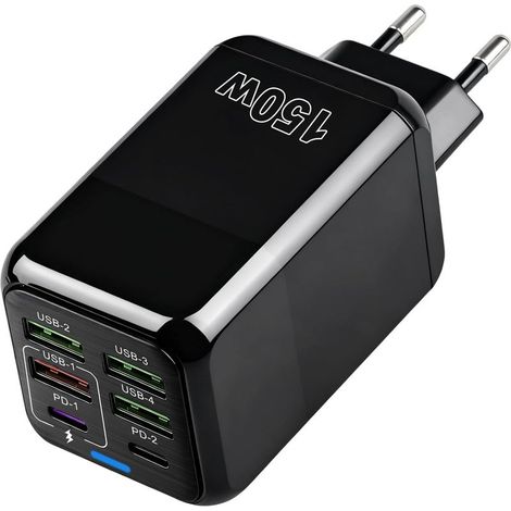 Chargeur USB C 150W 6 Ports, Station de Charge Rapide avec 2 Ports PD 3.0 et 4 Ports USB-A, Compatible Smartphone, Tablette, Console de Jeu et Appareils USB (1/5)