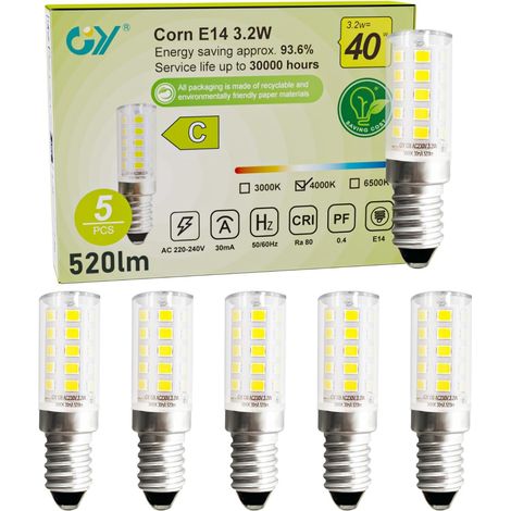 Ampoule LED E14,3.2W Ampoule Maïs LED (équivalent 40W),520 lumens 4000K Blanc Neutre,Ampoule petite culot à vis,pour hotte,Lustre, Non-Dimmable,lot de 5 (1/5)