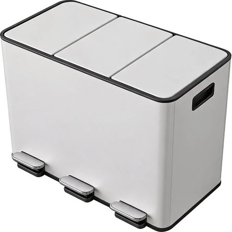 Poubelle de recyclage de cuisine, triple compartiments, pédale à fermeture douce, BLANC (1/2)