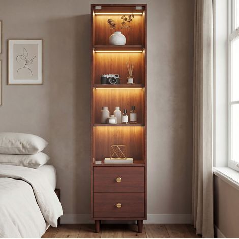 Mueble vitrina con iluminación LED, puerta de cristal y 2 cajones, 165 x 40 x 35 cm, marrón DESVIAE (1/5)