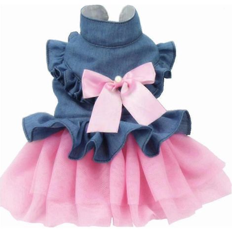 Vestido vaquero para mascotas con lindo lazo, cómodo chaleco y falda con ribete de encaje. (1/5)