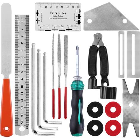 Kit de 20 outils d'entretien pour guitare : Règle de réglage, limes et rangement pour cordes (1/5)