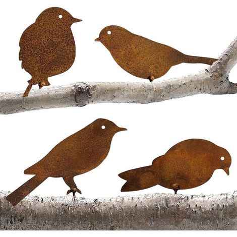 – Bouchon de jardin décoratif en métal – Lot de 4 oiseaux en fer forgé avec patine effet rouille – Dimensions variées pour embellir espaces extérieurs