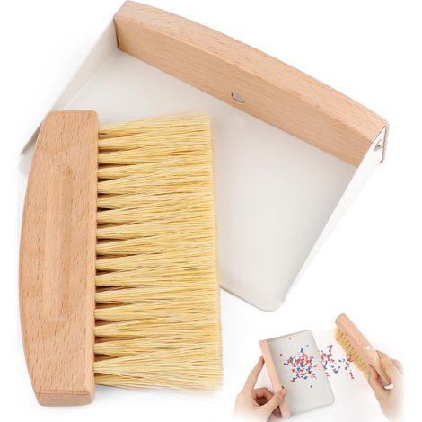 Mini pelle à poussière et brosse blanche de table avec poignée en bois, petite pelle à poussière et balai pour bureau, comptoir, cuisine, nettoyage des miettes, outil de nettoyage portable (1/5)