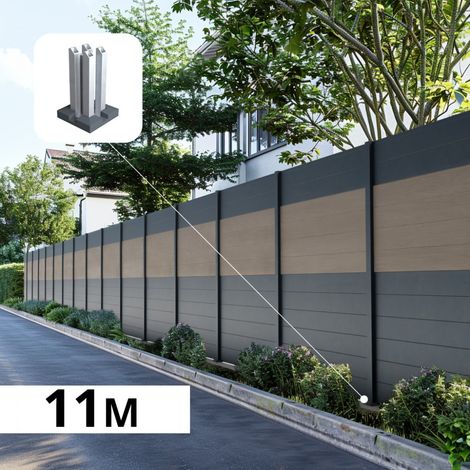Kit Clôture Aluminium BAHIA & CRUZ Argent 11,03x1,8m - Bois Composite & Aluminium - Poteaux Gris - Brise Vue - Palissade