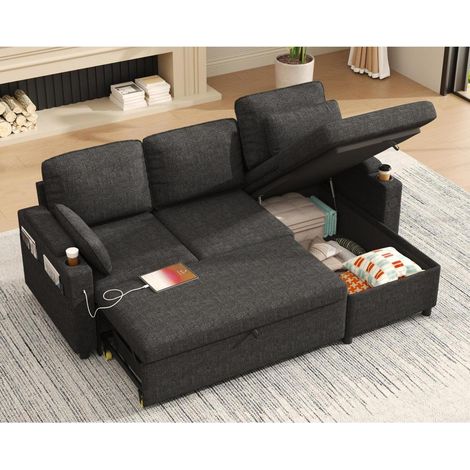 Schlafsofa L-Form mit Stauraum, USB, Getränkehalter, ausziehbar (1/5)